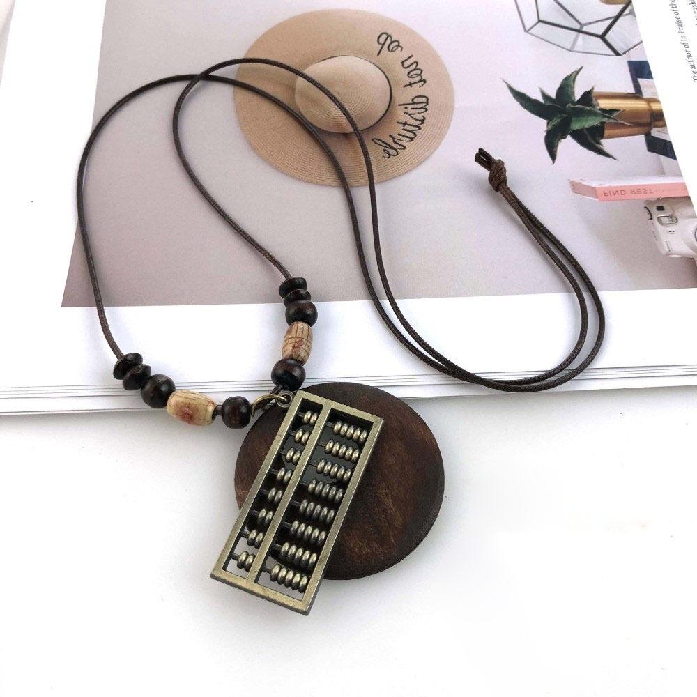 Leather Chain Wooden Pendant Necklace Boho Sweater Necklace Vintage Sweater Chain  Gifts