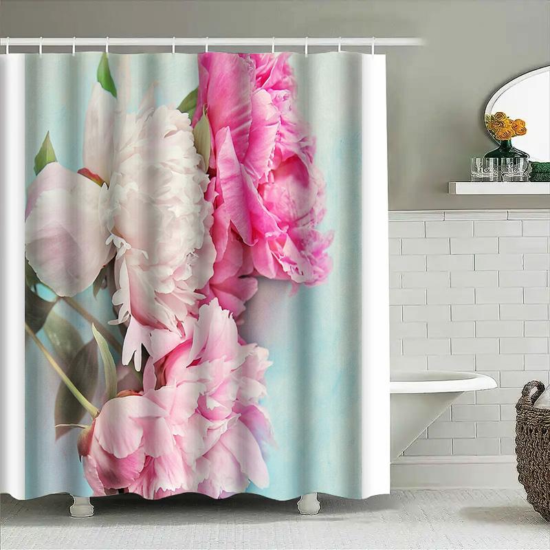 Pink Peony Flower Shower Curtain Botanical Floral Print Bathroom Decor Vintage Rustic Farmhouse Washable Curtains