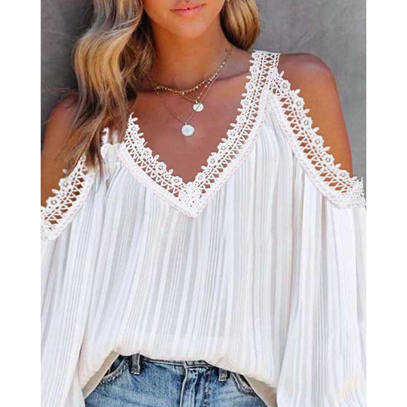 

Fashion Lace Patchwork Cold-Shoulder Tops Female Womes Lantern Sleeve off Shoulder Top White S