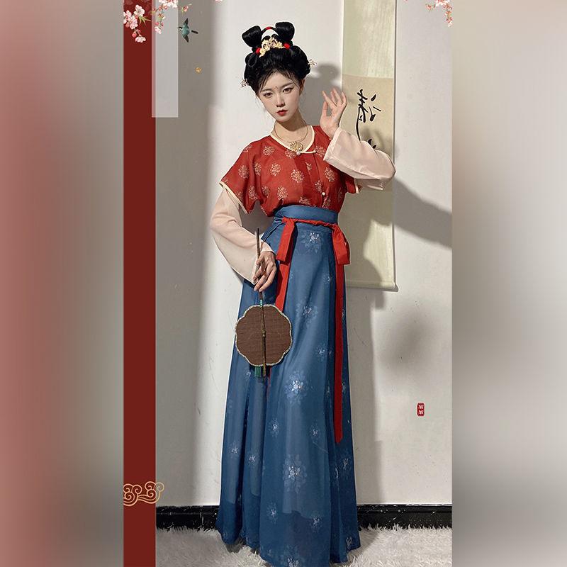 Sada dámských šatů ve stylu čínské dynastie Tang Tradiční Hanfu denní košile a dlouhá sukně s výstřihem