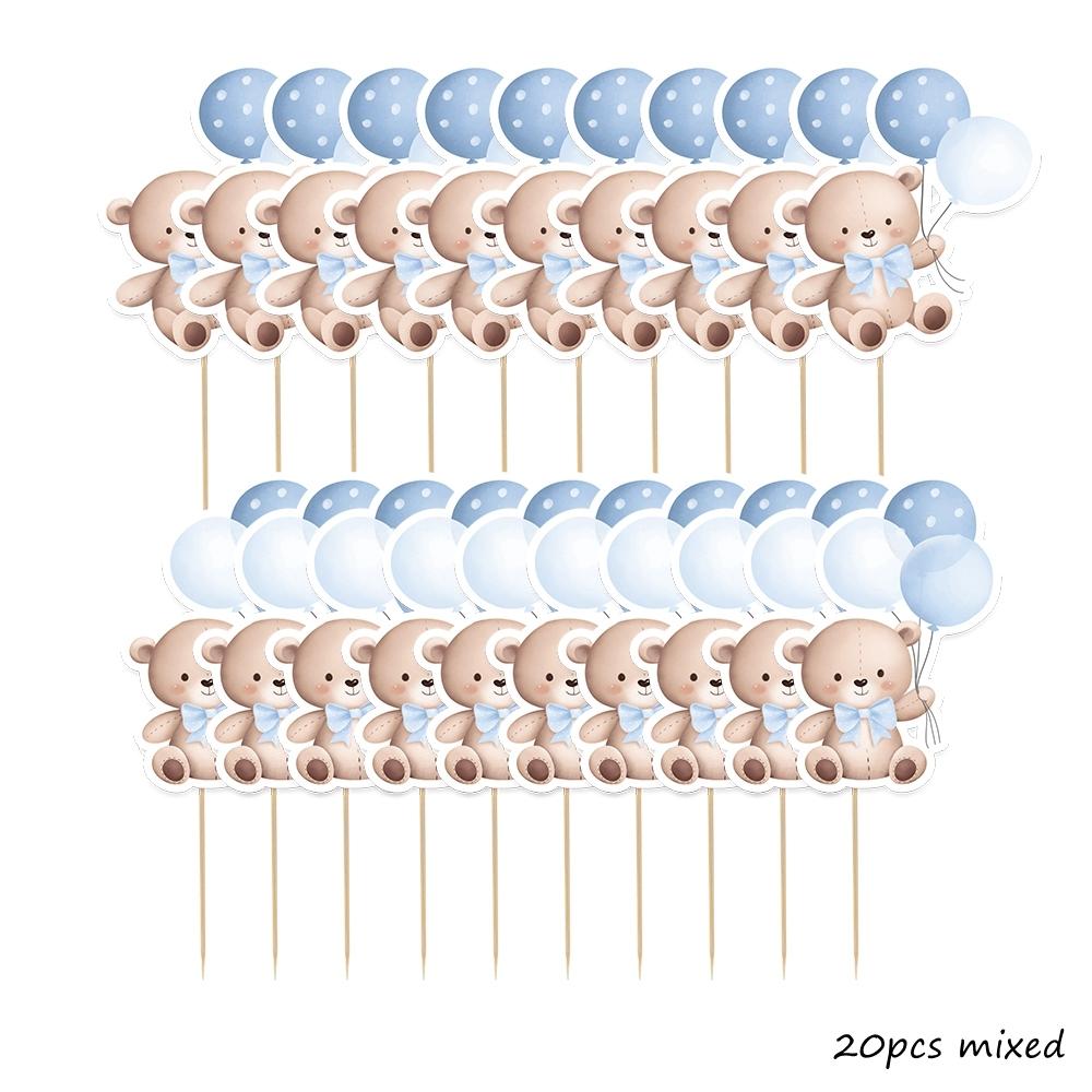 20pcs Balloon Bear Toppers Carton Cupcake Topper for Kids Baby Shower Bear Happy Birthday Party Decorations DIY Cake Supplies