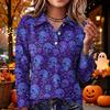 Women's Casual Long Sleeve Knit Top with Halloween Print and Turn-Down Collar