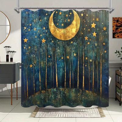 Mystical Forest Starry Night Shower Curtain - Golden Crescent Moon, Dreamy Polyester, Perfect for Bathroom or Patio Decor