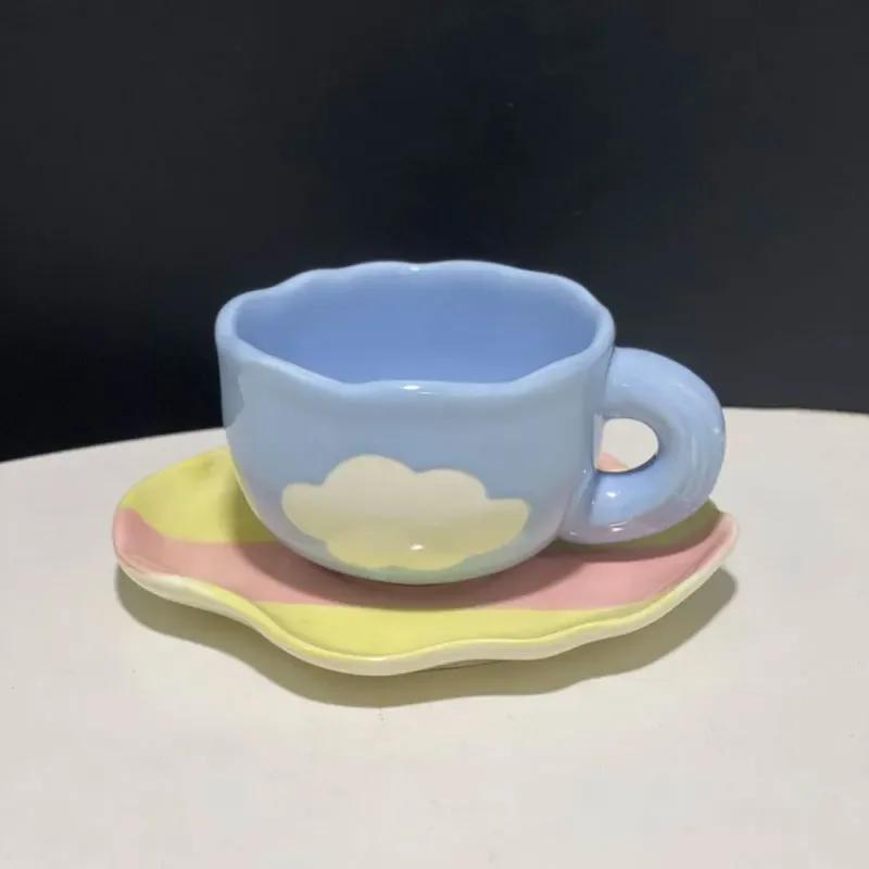 Japanese Hand Painted The Blue Sky and White Clouds Coffee Cup with Saucer Ceramic Handmade Tea Cup Saucer Set Cute Gift for Her