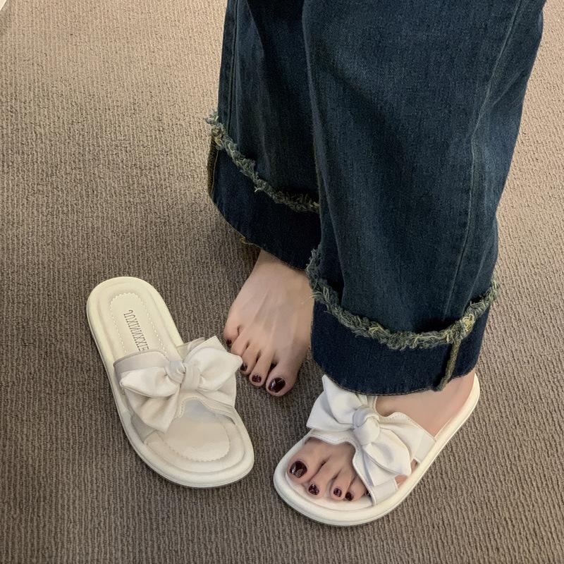 

Bow open-toed flat-bottomed slippers summer new fairy style with skirt female cool slippers 35