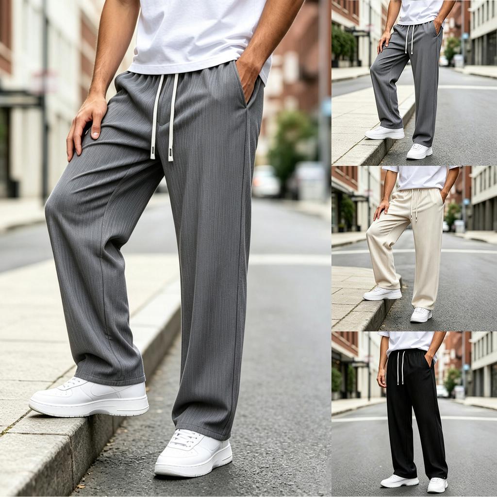 Men's Drawstring Loose Fit Casual Pants with Texture - Lightweight Breathable Athletic Joggers for Everyday Wear
