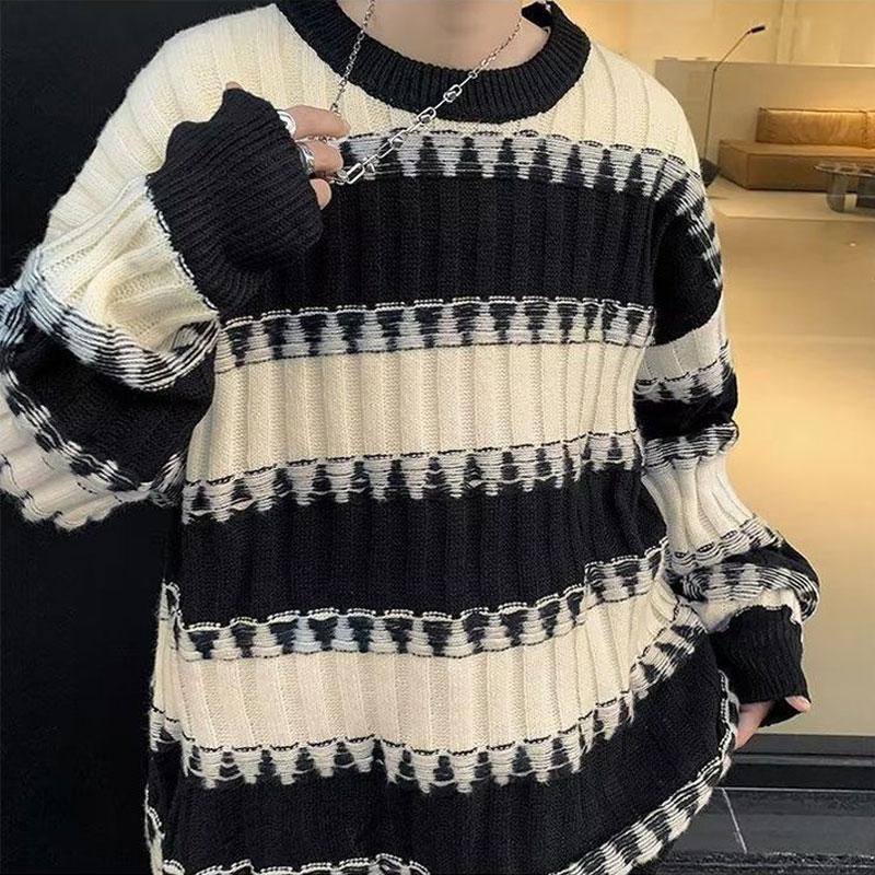 Young Style Contrasting Colors Knitted Pullovers Autumn Winter American Striped Men's Clothing Round Neck Loose Casual Sweaters