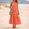 Women Sleeveless V Neck Tassel Tie Printed Dress Relaxed Fit Holiday Style Flowy Waist Tank Dress for Summer Beachwear