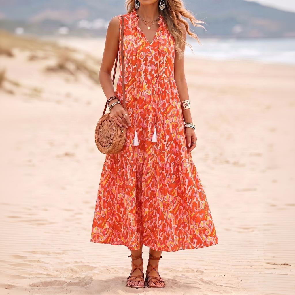 Women Sleeveless V Neck Tassel Tie Printed Dress Relaxed Fit Holiday Style Flowy Waist Tank Dress for Summer Beachwear