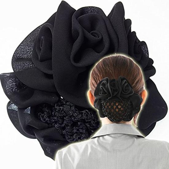 Bijin Kam Chignon Net with Chiffon Black Barrette, Rose,