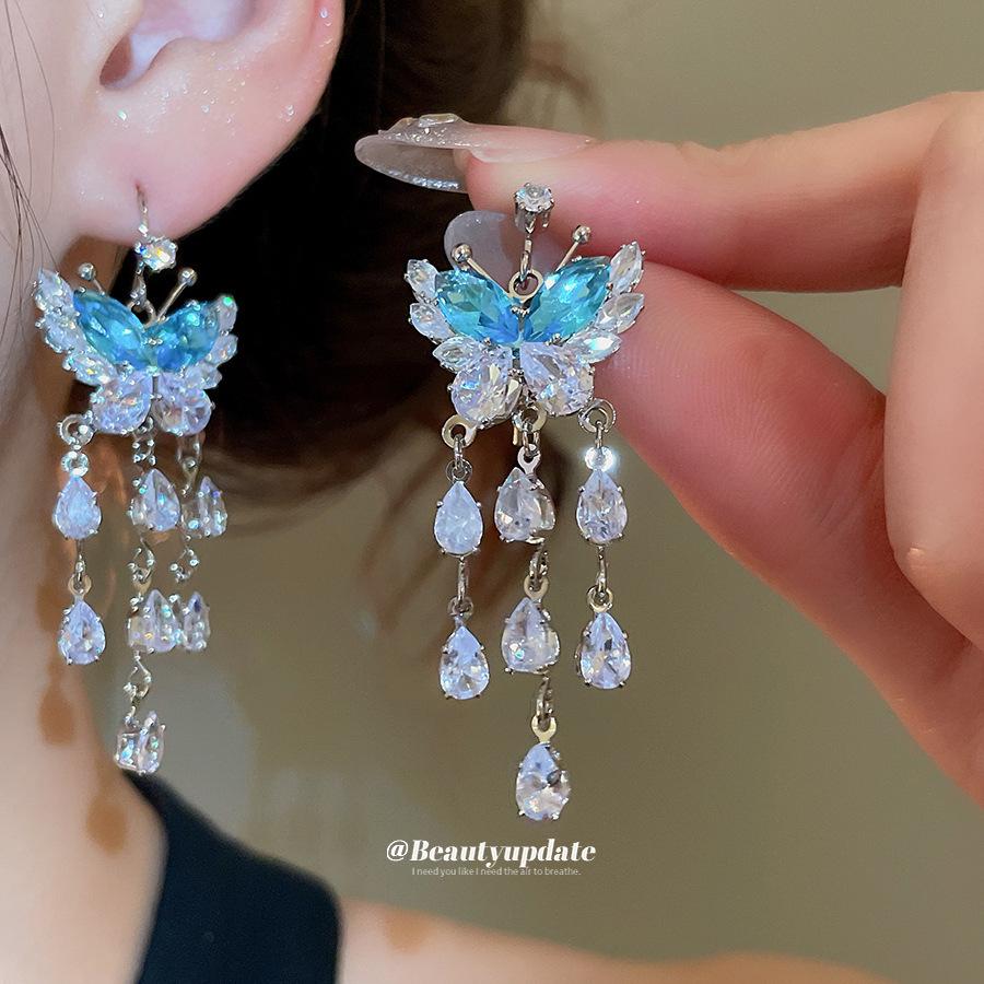 Korean Style Zircon Butterfly Water Drop Earrings - Light Luxury and Fashionable Stud Ear Jewelry