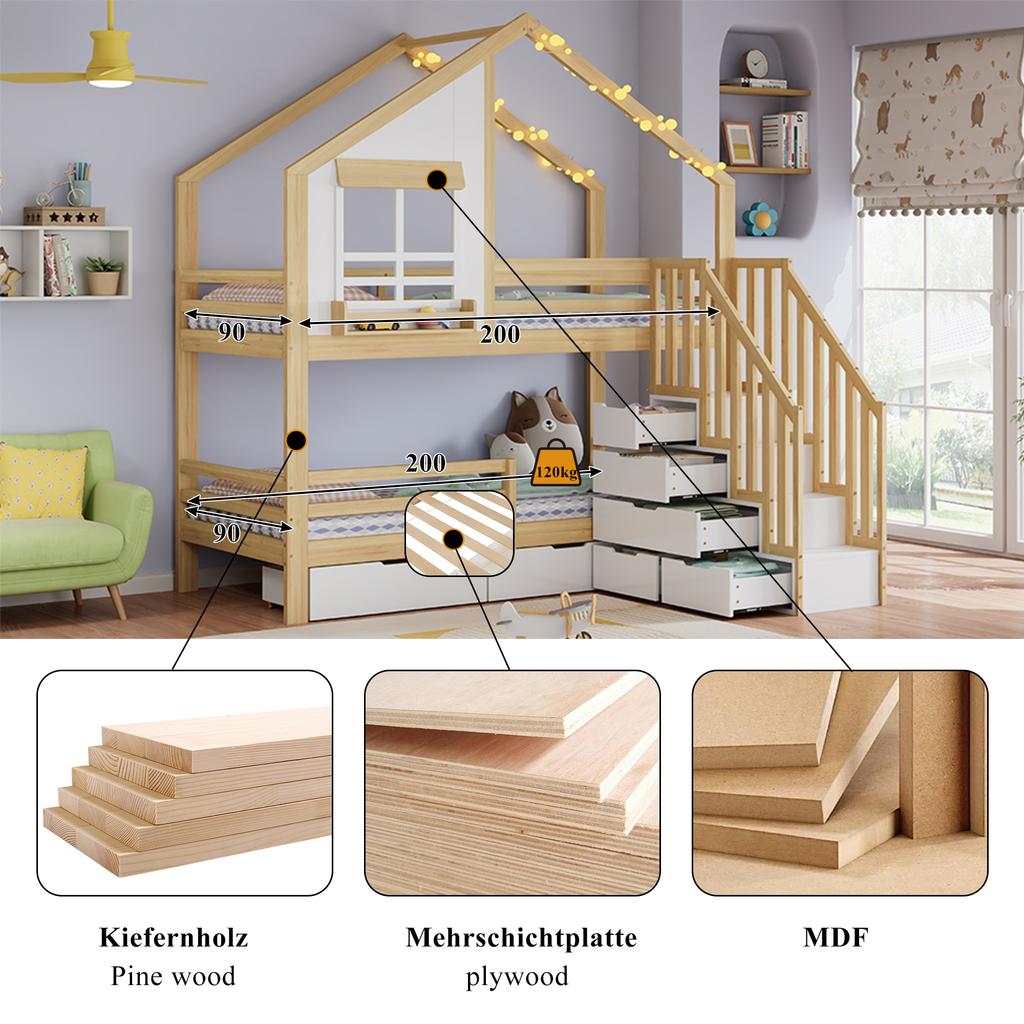 Bunk Bed, Children's Bed, Two Drawers with Rollers, Exquisite Windows, Safety Ladder with Handrails, Pine + MDF, White+Natural, 90x200cm