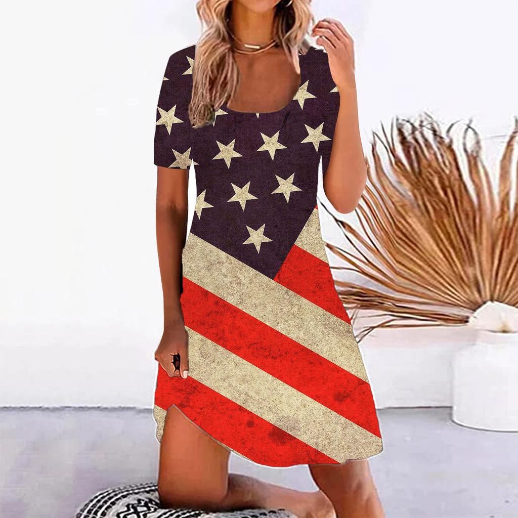 Ladies Sexy Fashion Positioning Print Square Neck Patchwork Short Sleeve Dress