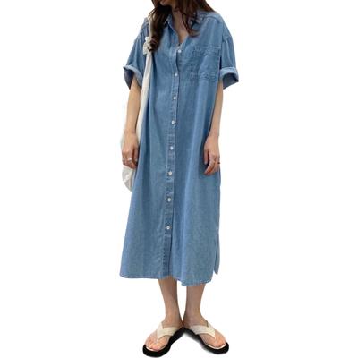 JINJUDUO Denim Slimming Loose Office Long Shirt Short Size M Women's Dress, Cotton, Silhouette, & Casual, Spring, Summer, Fall, Dress, Collar,