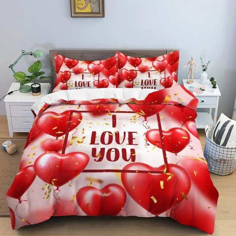 Liebesherz Bettbezug Set Romantisches Thema Herzförmige Bettdecke Königliche Größe Volle Größe Für Kind Paar Liebhaber Polyester Bettwäscheset