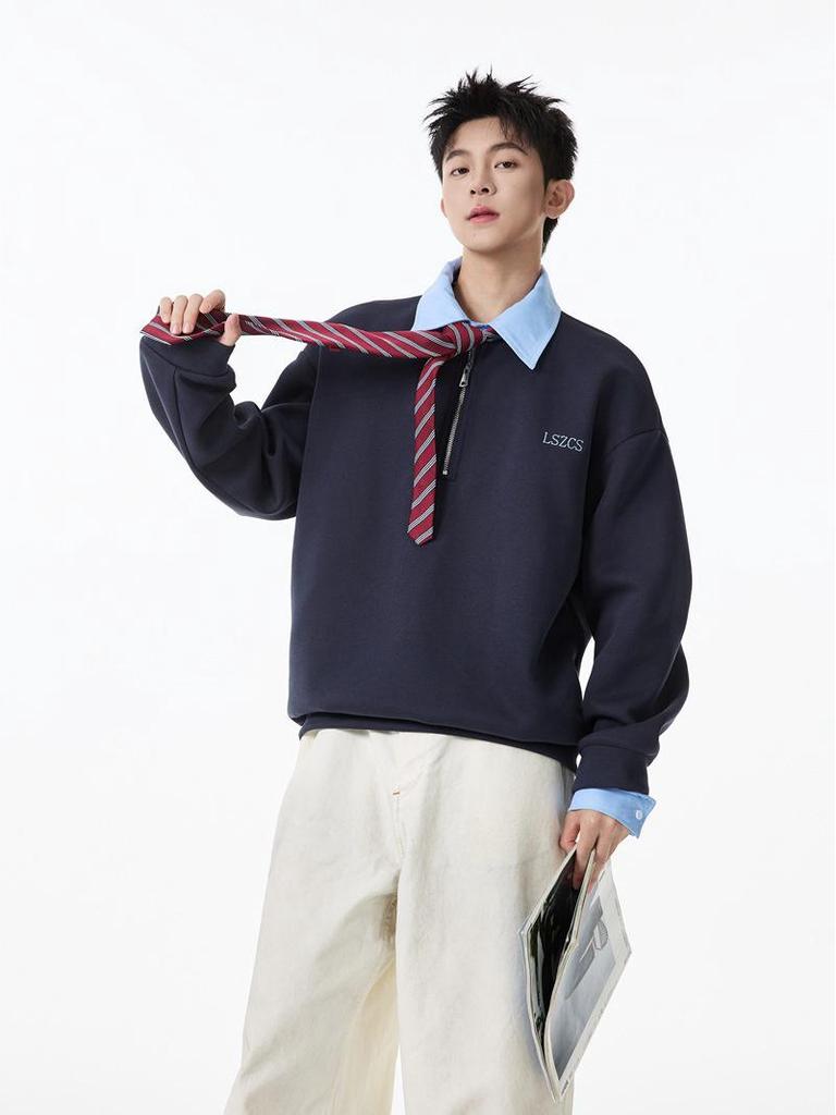 Unisex Heavyweight Faux Two-Piece Half-Zip Polo Sweatshirt, Autumn College Style, Lapel, Pullover, Loose Casual Top, Trendy.