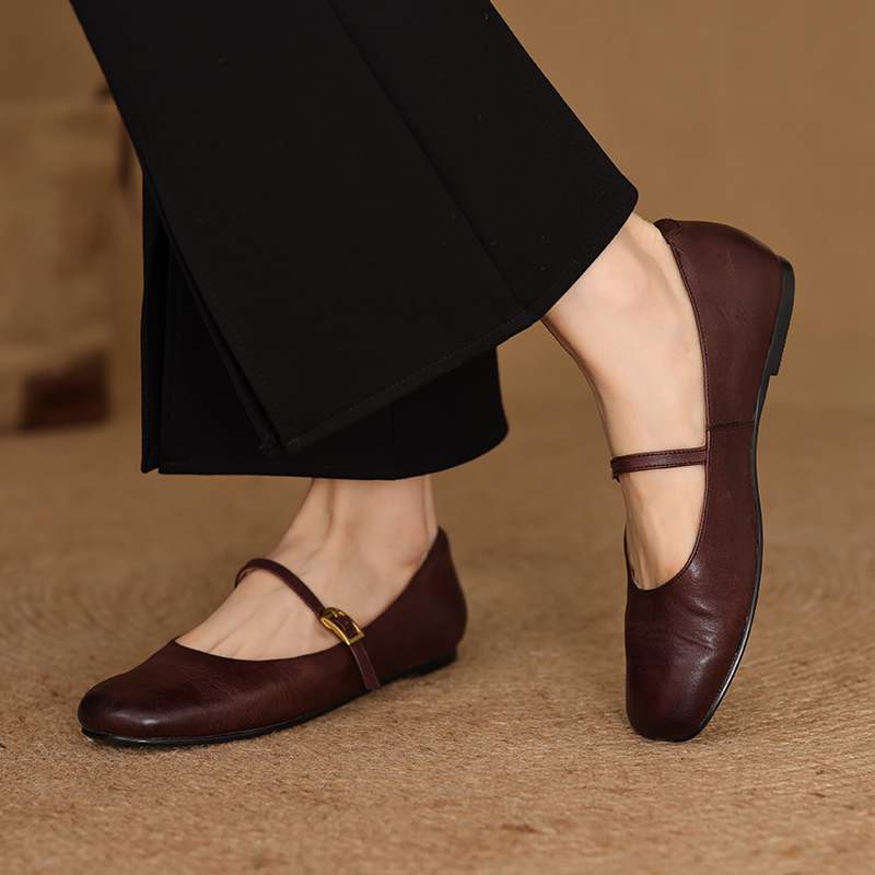 Krazing Pot Kuhleder Mode Frühling Herbst Schönheit Flach mit Damen Square Toe Schuhe Mary Janes Flache Ballerinas