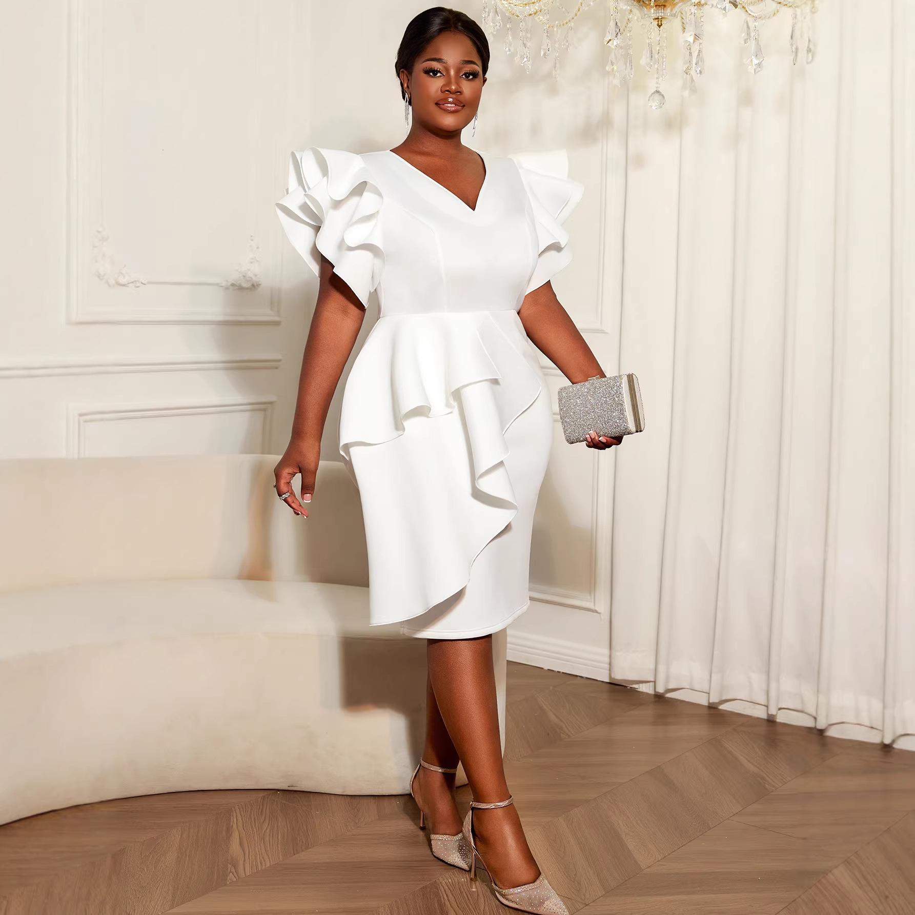 

Plus Size Elegant White V-Neck Dress with Ruffle Sleeves and Cinched Waist 0XL