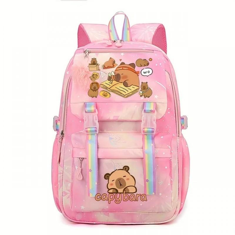 Capybara Cartoon-Druck Schulrucksack Mädchen Nylon Leichtgewicht Studenten Tasche Mit Gepolsterten Gebogenen Trägern Frischer Süßer Stil