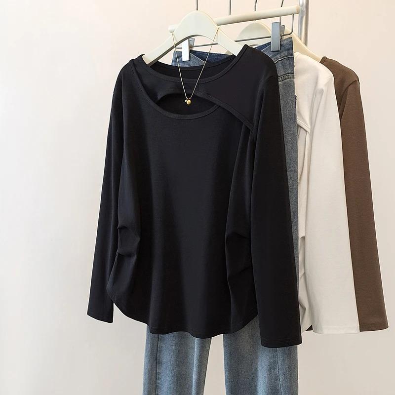 Hollow Versatile Long-sleeved T-shirt for Women in Autumn New Style Slimming Irregular Inner Top