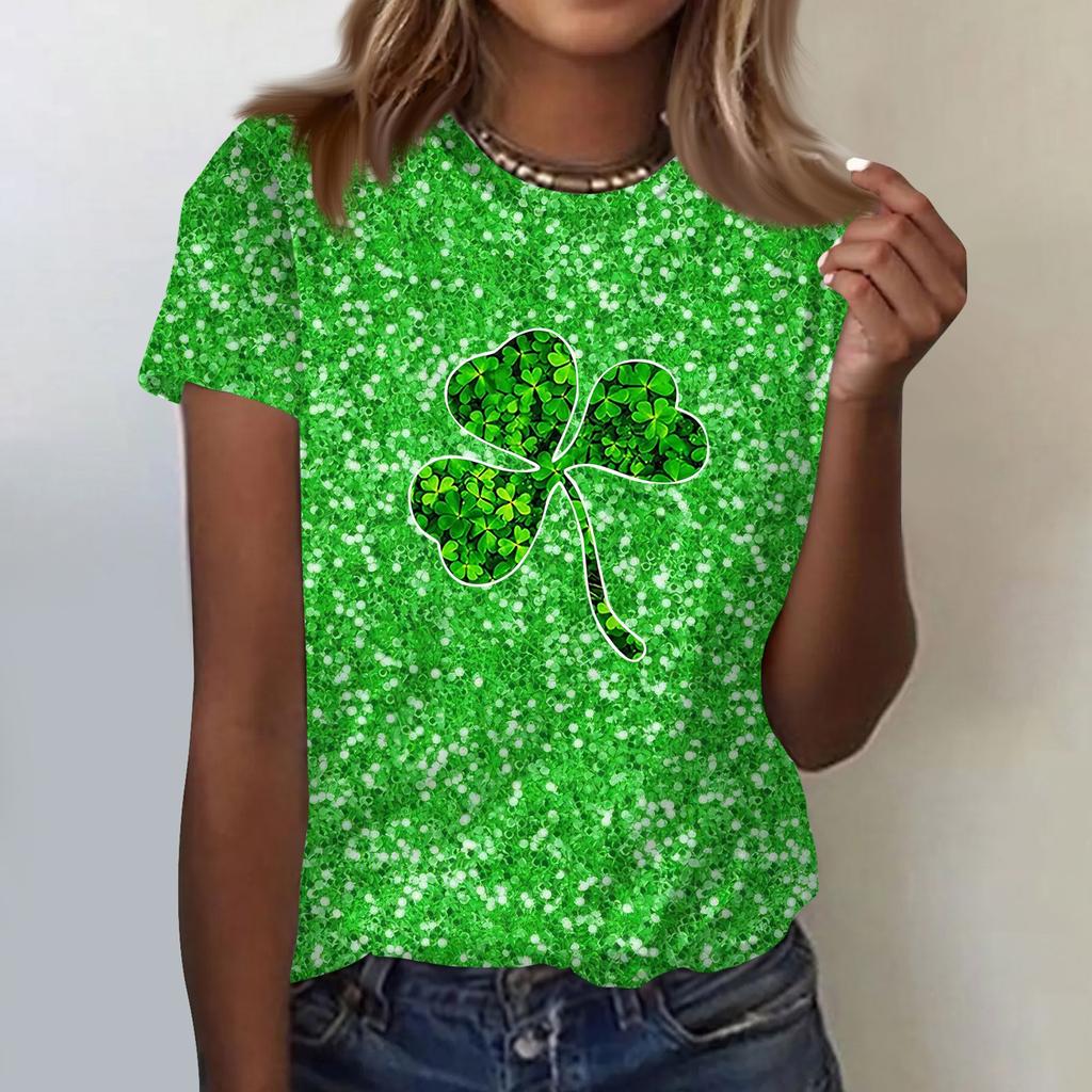 Women's  Casual Short Sleeve Shirts Fashion St Patrick's Print Tunic Tops With Pockets