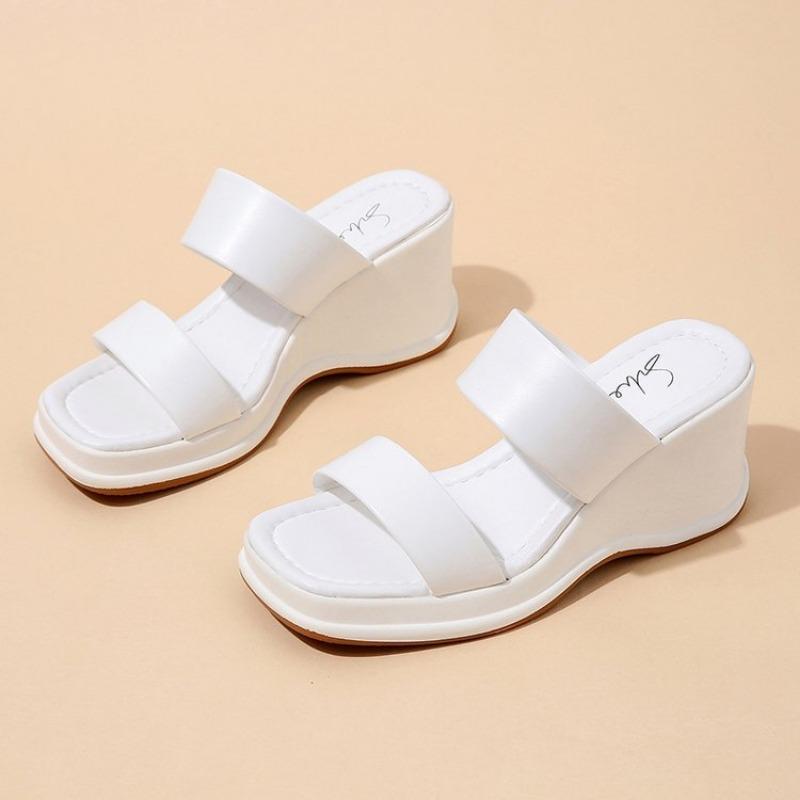 Summer New Thick-soled Muffin Sandals Women's Slope Heel One-word Cool Slippers Simple and Easy To Wear High Heels Women