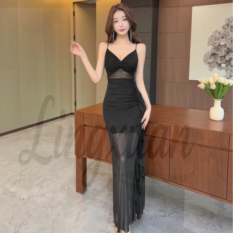 Genuine Sexy Low-Cut Mesh Bodycon Slit Dress Small чёрный