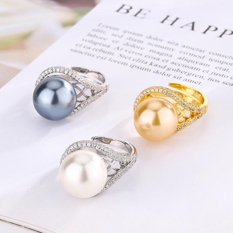 Jewelry Copper Platinum Plated Pearl Vintage Women'S Open Ring 14Mm