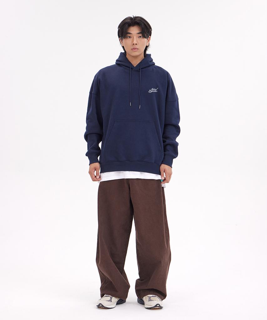 Hand Lettering Oversized Wide Shoulder Hoodie_Navy