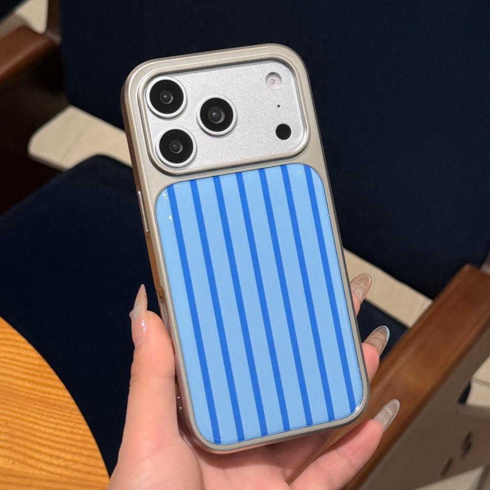 

Striped Silver Protective Phone Case for iPhone 15/16 Pro/17 Pro Max iPhone 17 Pro Max синий