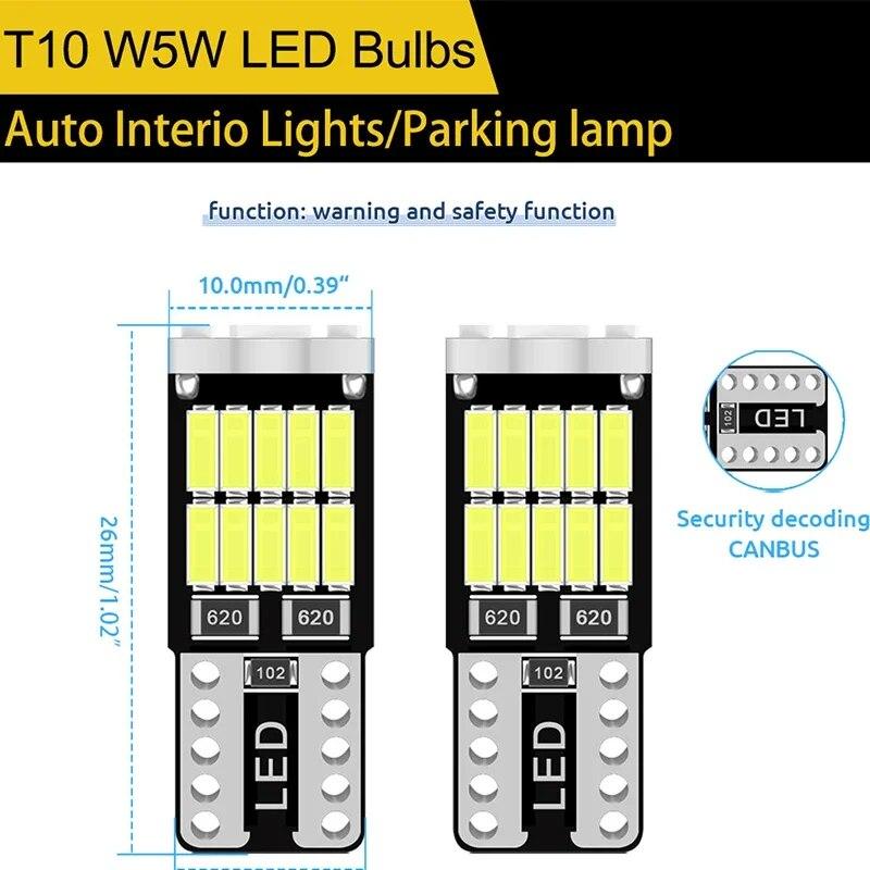 10PCS T10 W5W LED Bulbs 4014 26SMD Canbus 168 194 Signal Lamp White For Car Interior Parking Position Light Map Dome Light