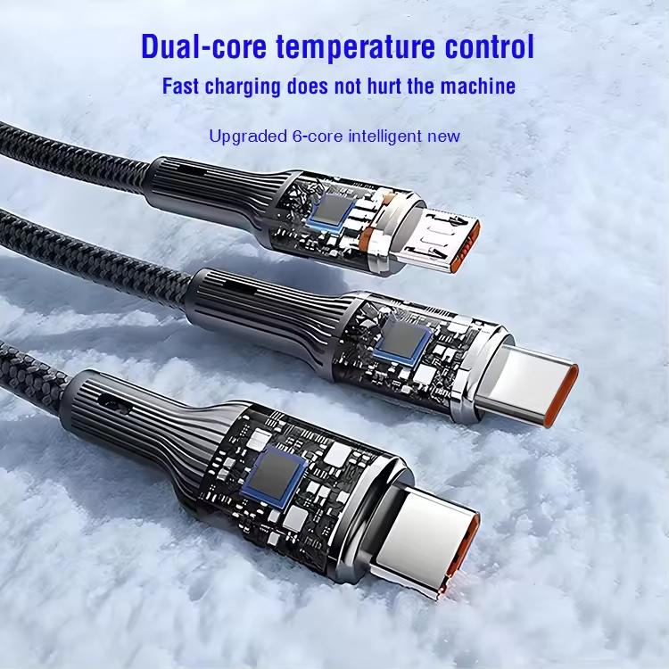 High Quality 3IN1 120W 2M Super Braided Type-C 3A Fast Charging Nylon Data Cable Dual Core Tinned Copper