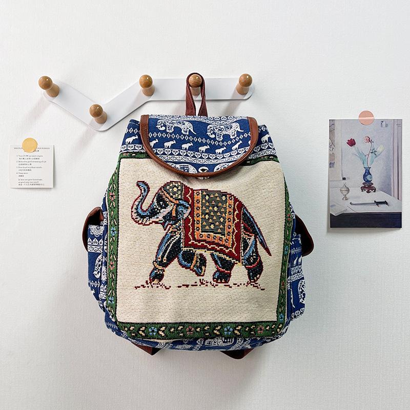 Women’s Ethnic Elephant Pattern Backpack Canvas Drawstring School Bag Vintage Travel Daypack Shoulder Bag