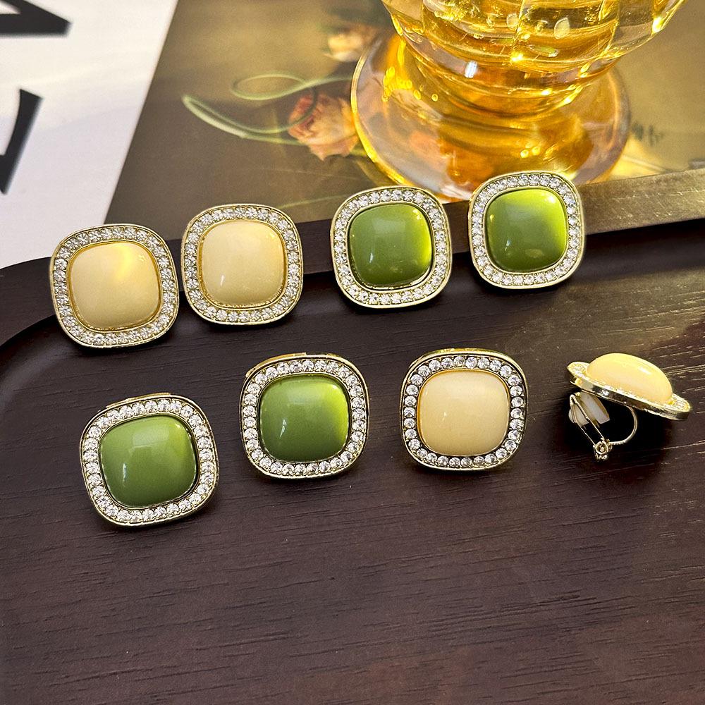 Korean Rhinestone Geometric Square Ear Clips - No Piercing Required, Luxurious & Versatile Simple Earrings