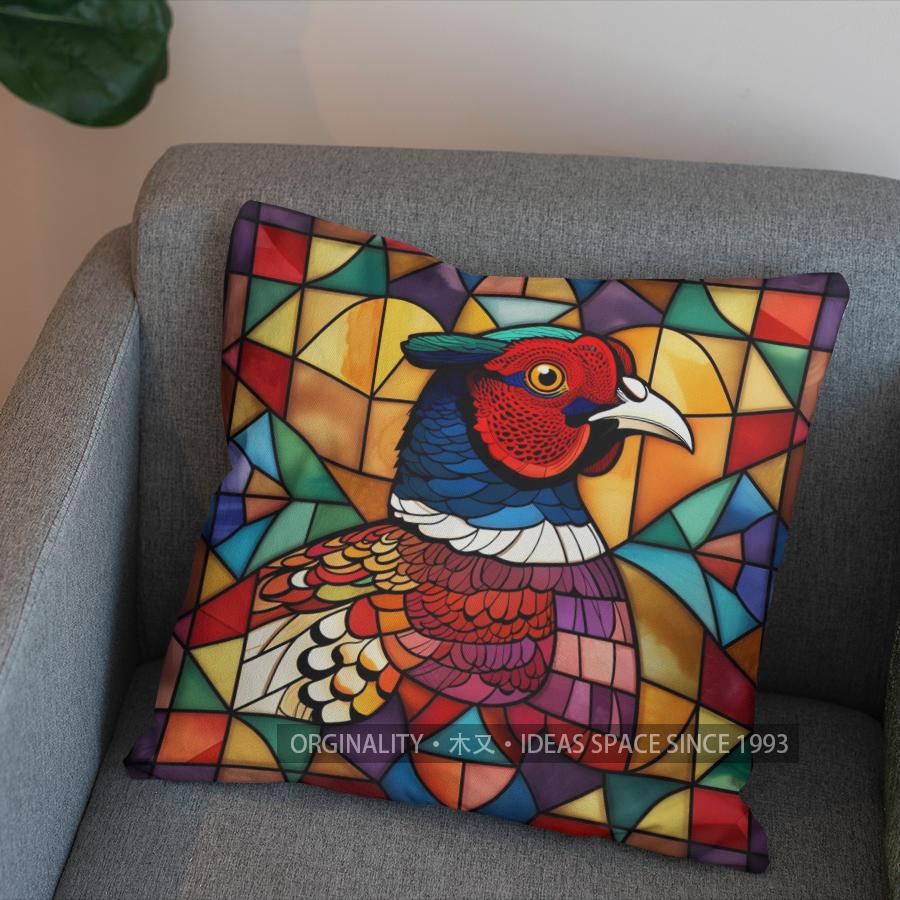 2D Stained Glass Style Colorful Bird Pillow Cover Pattern Cushion Cover Suitable For Sofa Bedroom Car Pillow Cover