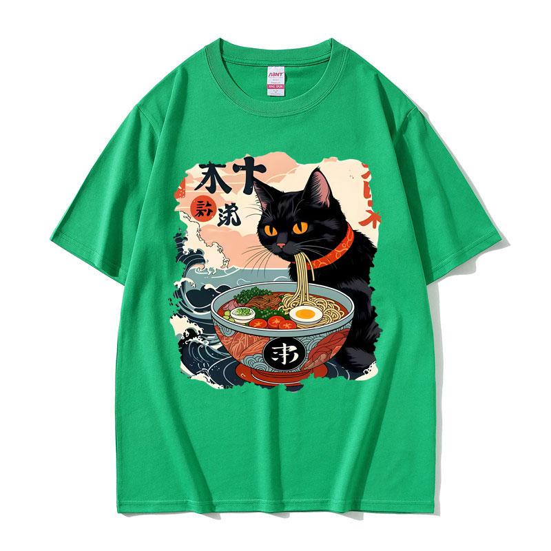 Funny Anime Ramen Cat Meme T Shirt Vintage Japanese Kawaii Noodle Cats Graphic T Shirts Men Women Fashion Casual Cotton T-shirts