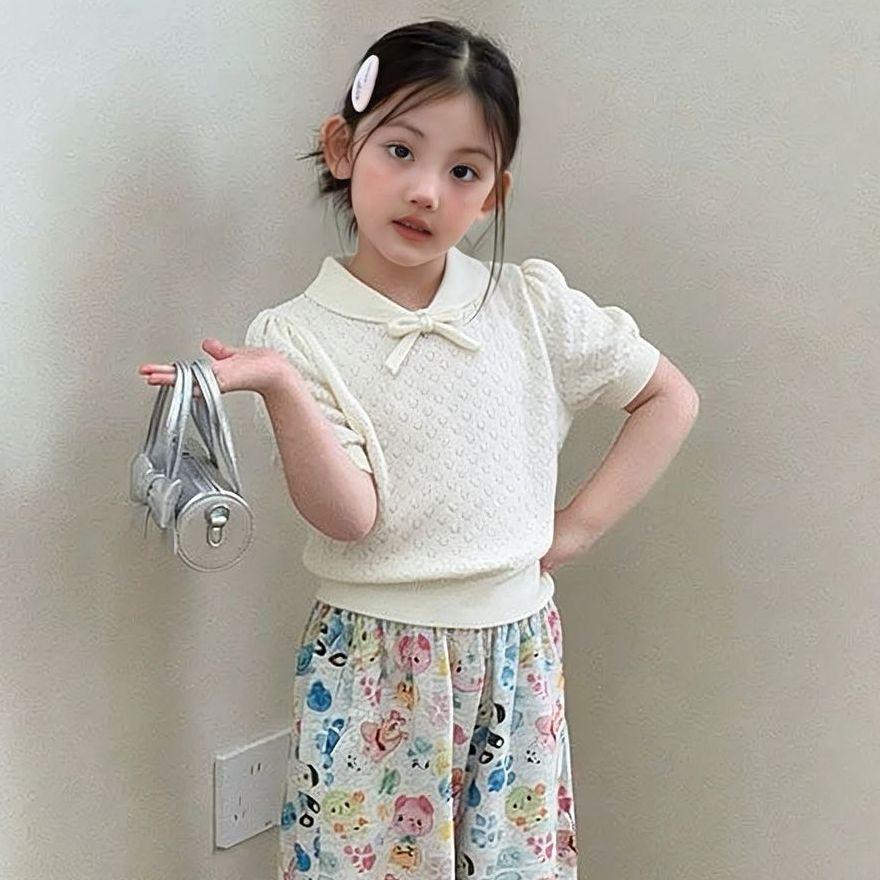 Girls Summer Sweet Bow Hollow Knit Polo Short Sleeve T Shirt