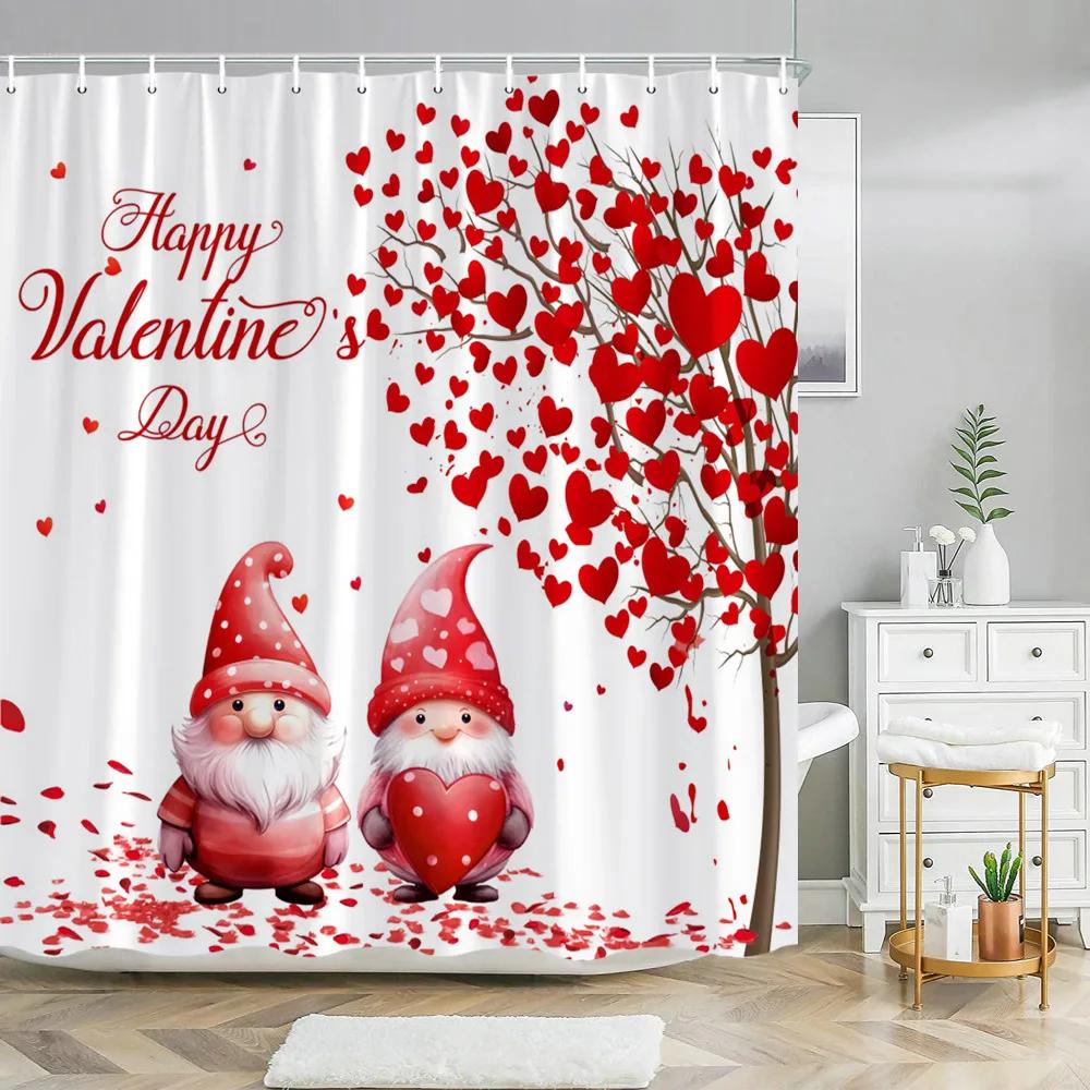 Valentine's Day Shower Curtain Love Tree with Elf Truck Romantic Pink Swing Balloon Love Polyester Printed Fabric Bathroom Decor