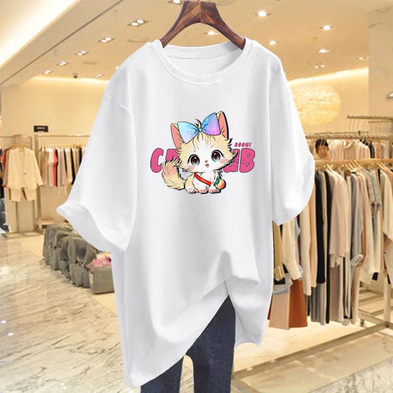 

Women s Summer Cotton Cat Print Bow Tee - Age-Reducing Loose Fit XL