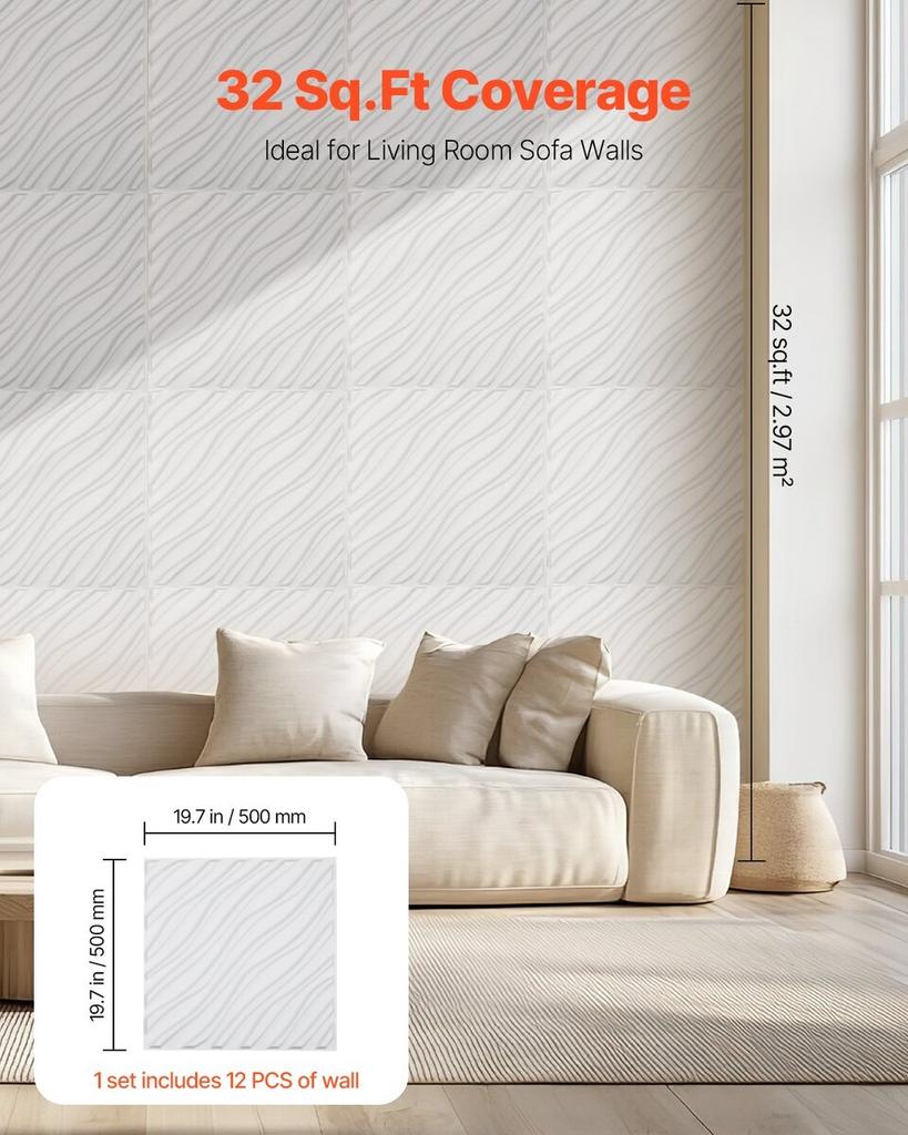3D Wall Panels 12-Pack 19.7x19.7'' PVC 32 Sq.Ft Coverage Wave Matte White