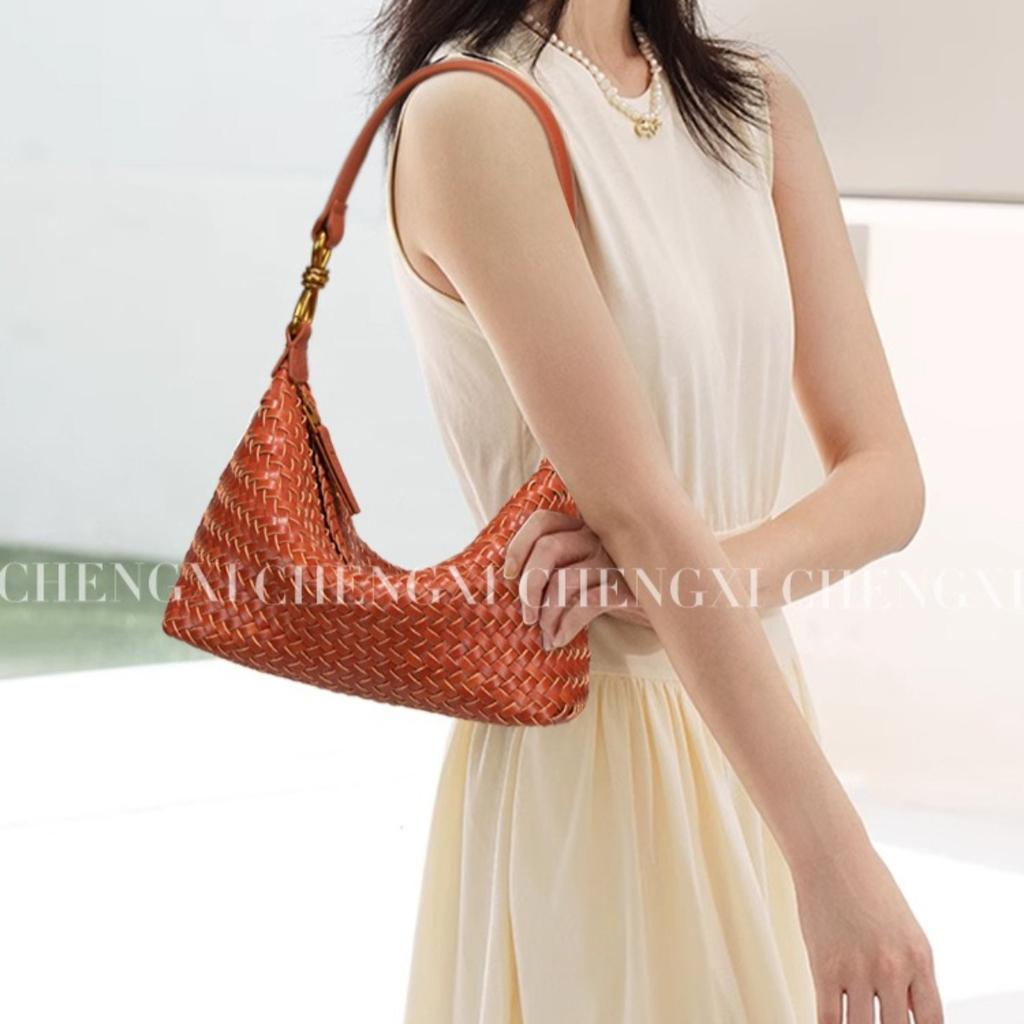 Vintage Hand Woven PU Underarm Shoulder Bag, Amber Brown Small Hobo Bag with Long Shoulder Strap, Multi Pocket Daily Casual Shoulder Purse for Women