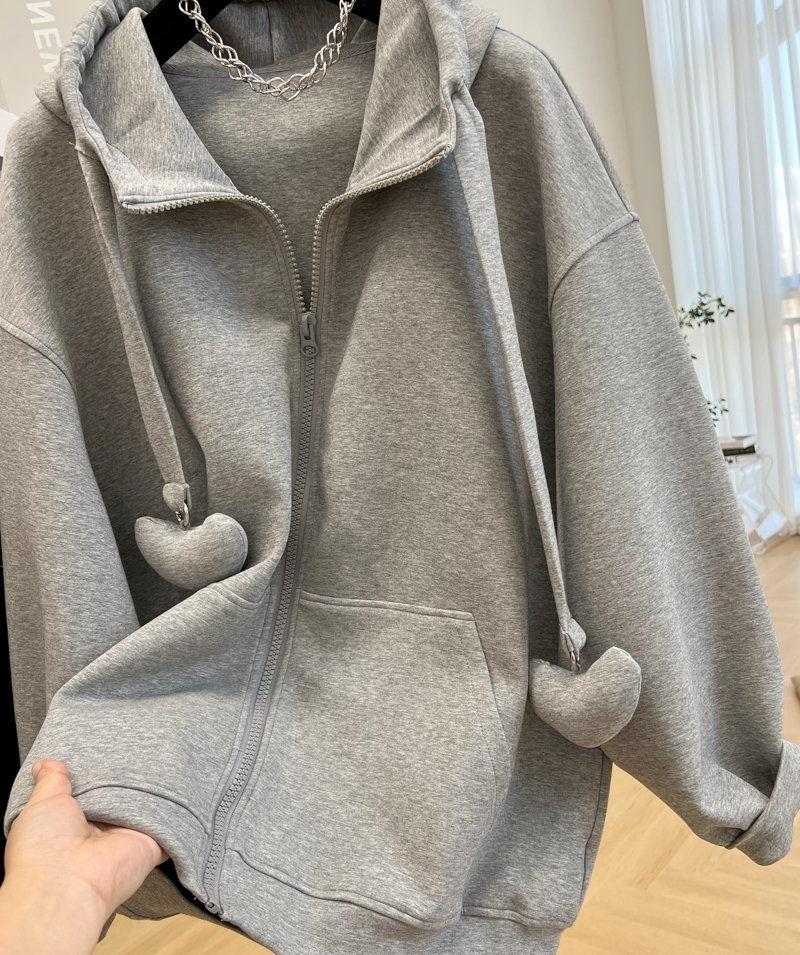 Plus Size Women Long Sleeve Hoodie Spring Autumn Loose Casual Oversized Hooded Sweatshirt Gray Black Zipper Coat