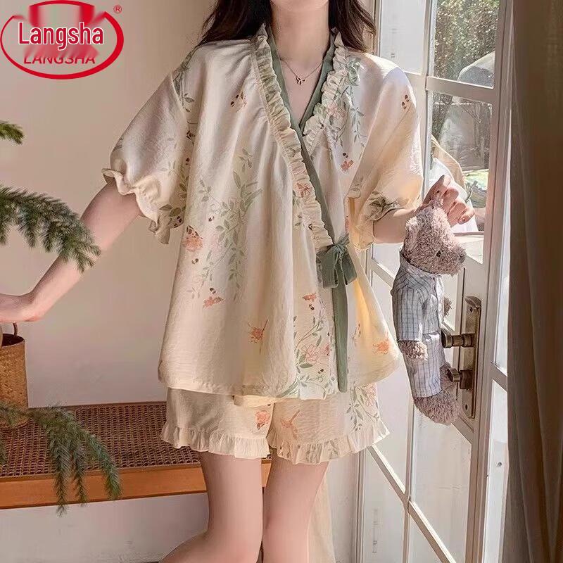 Langsasha Women s New Chinese Style Short-Sleeve Loungewear Set 2XL