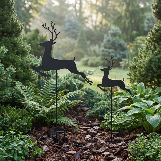 Waterproof Garden Stake 2Pcs/Set Christmas Elk Stake, Black Reindeer Silhouette Yard Art, Holiday Decorative Stakes Deer Flower Bed Sign for
