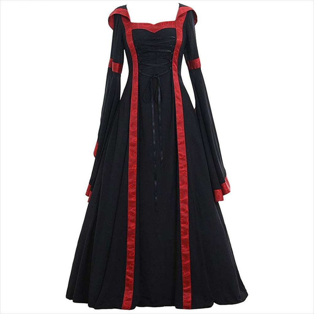 Medieval Retro Hooded Dress, Square Collar, Lace-up, Flared Sleeves, Big Skirt