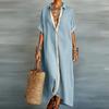 Contrastkleurige Katoen Linnen Jurk Driekwart Mouwen Lente Dames Effen Kleur V-Hals Revers Knopen Shirt Jurk