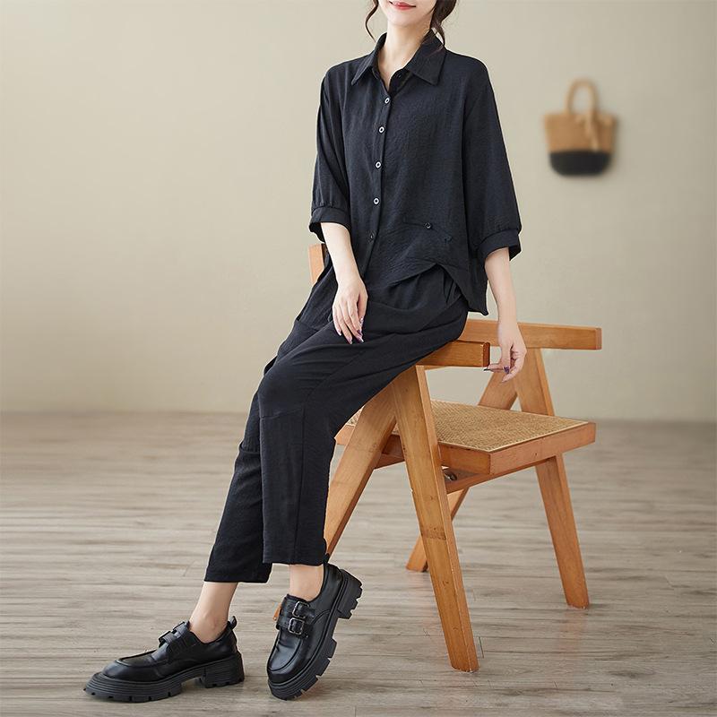 

Летний свободный костюм-рубашка с длинными рукавами, женский модный темперамент, простые прямые брюки, костюм-двойка M чёрный