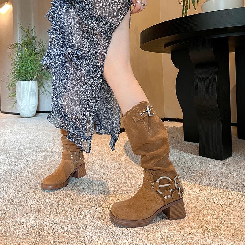 2025 new belt buckle boots women's thick heel high heel stacking boots European and American western cowboy boots frosted knight boots