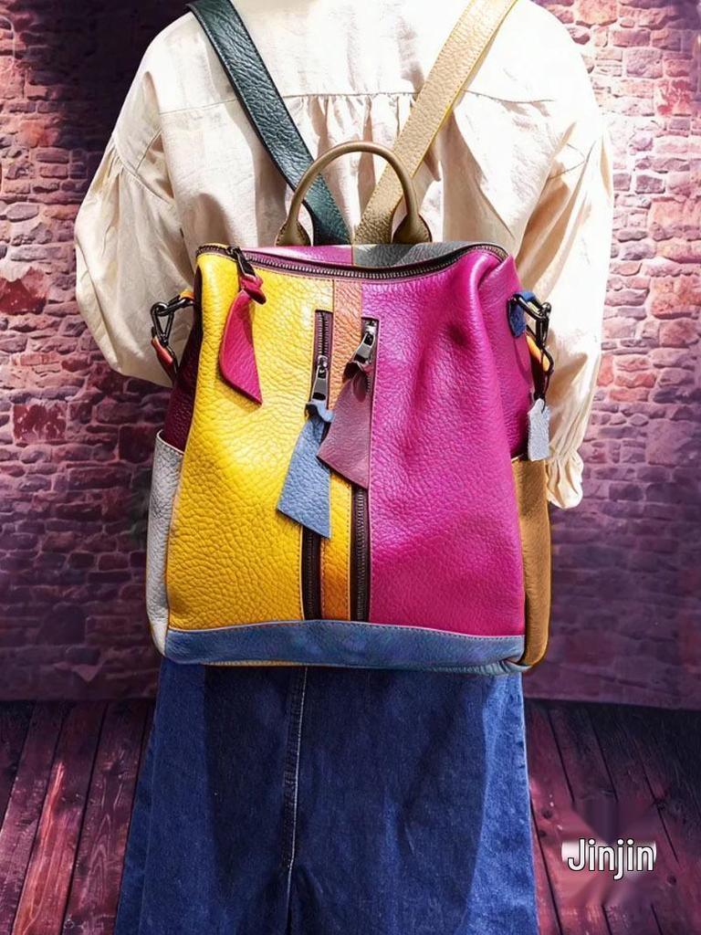 Retro Skórzana Patchworkowa Kolorowy Blok Telefon Torba na Telefon & Plecak z Podwójnym Paskiem