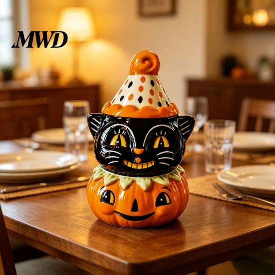 Herbst Heimdekoration Halloween Schwarze Katze Kürbis Figur, Süß Spooky auf mehrstufiger Ablage Herbst Dekoration Harz Statue für Party Regal Kamin Tischplatte